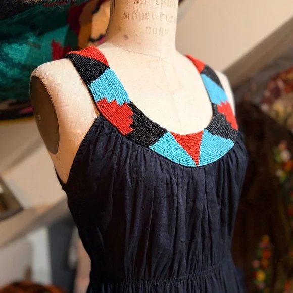 Chaudry Black Cotton Beaded Neckline Tiered Maxi Dress Boho - L - Picture 3 of 9